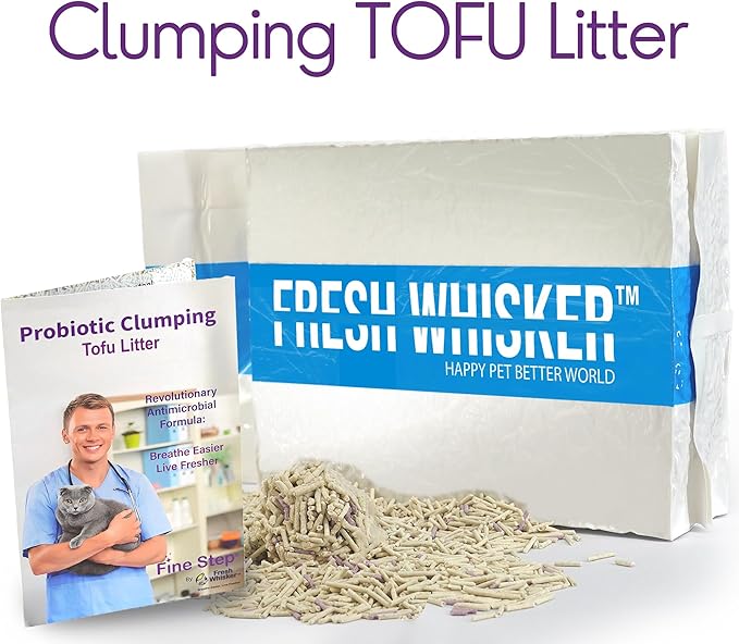 FreshWhisker Tofu Cat Litter, Ultimate Odor Control, Quick and Strong Clumping, Low Dust, Less Tracking, Less Cleanup, Longer Lasting Plant Based 5-in-1 Kitty Litter (Probiotic 16.5 LB Box)