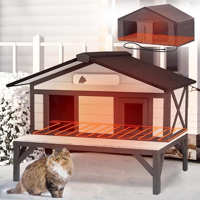 Heated Outdoor Cat House with Heating Pad and Insulated Liner in Winter, Feral Cat Shelter with Weatherproof Roof and Elevated Base, Kitten Condo with 3 Escape Doors Outside (Black & White, Medium)