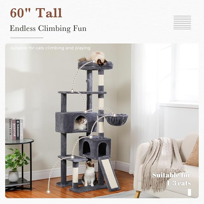 PAWZ Road Cat Tree, 60 Inches Cat Tower with Dual Condos, Spacious Perch, Cozy Basket and Sisal-Covered Scratching Posts for Indoor Cats- Dark Gray