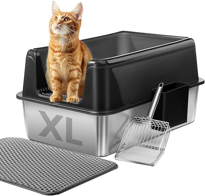 Marchul Stainless Steel Cat Litter Box with High Walls & Metal Scoop/Mat/Scoop Holder, XL Large for Multi-Cat Homes, Anti-Urine Leakage for Heavy Flow Cats