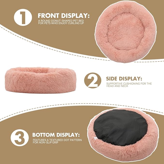 Athena Collection Washable Dog Bed Large Size Dog, Cat Bed for Indoor Cats, 36 Inches Fluffy Faux Fur Round Pet Bed Calming Cozy Soft Warming Donut for Large Size Pet, Pink