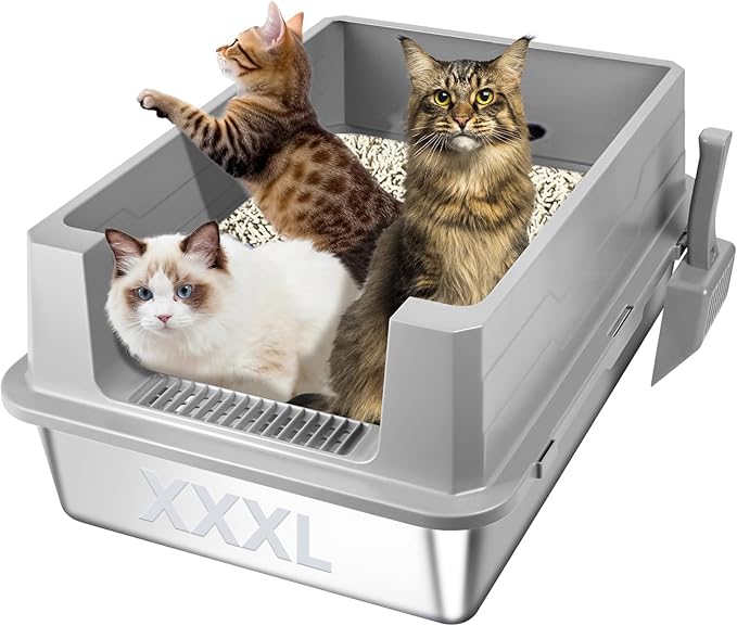 XXXL Stainless Steel Cat Litter Box with High Sides, 28"x20"x12" Extra Large Litter Box for Multiple-Big Cats, Metal Cat Litter Pan, Anti-Urine Leakage, Easy Clean (Grey)