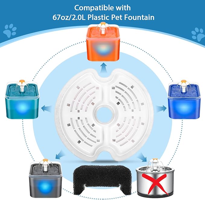 Cat Water Fountain Filters for 84oz/2.5L Stainless Steel Pet Fountain and 67oz/2.0L Plastic Cat Drinking Fountain, 8 Pack Pet Replacement Filters with 8 Pre-Filter Sponges