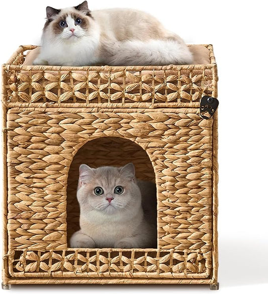 Cat House, Natural Cat Cave Pet Cube, Handwoven Cat Beds Indoor Cat Hideaway with Bed Mats, Double-Layer Design, for Multi Small Pet in Living Room Bedroom