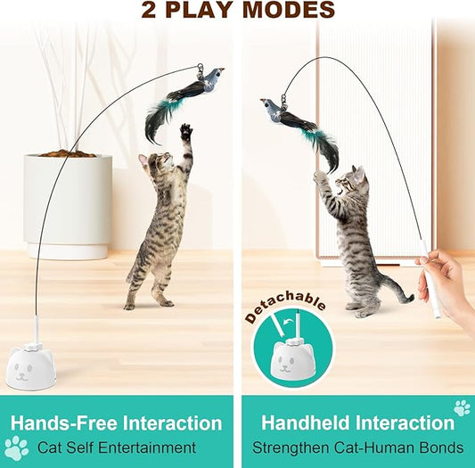 Cat Toys Feather Wand Enhanced Suction Cup Interactive Cat Toy Auto-Swing Cat Wand Toy with 3PCS Replacement Teaser Refills with Bell Bird/Ribbon/Worm
