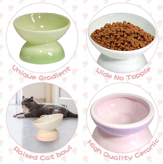 kathson 4 Pcs Ceramic Raised Cat Bowls, Elevated Tilted Cat Food Bowl, Anti Vomiting Pet Food Bowl, Colorful Porcelain Pet Feeder Dish for Cats and Small Dogs,Stress Free, Whisker Fatigue