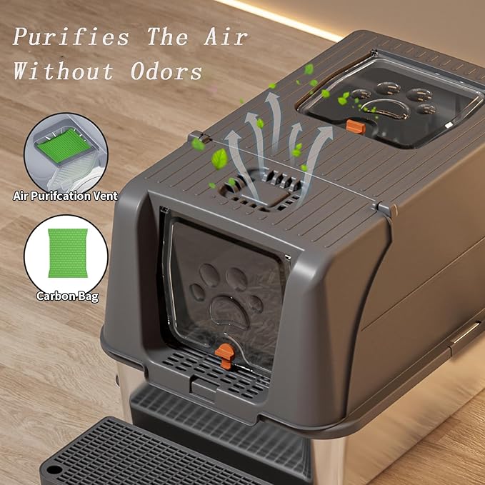 Stainless Steel Litter Box with Lid, 180° Flip-Top Extra Large Enclosed Litter Box, Anti-Leakage Covered Cat Litter Pan with Litter Scoop, Filter Pedal, Odor Free, Front and Top Dual Entry