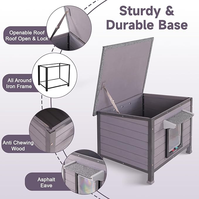 Insulated Cat House Outdoor, Wooden Feral Cat Shelter Weatherproof with Thickened Insulated Liner Keep Warm in Winter for Intdoor Cats, Dogs