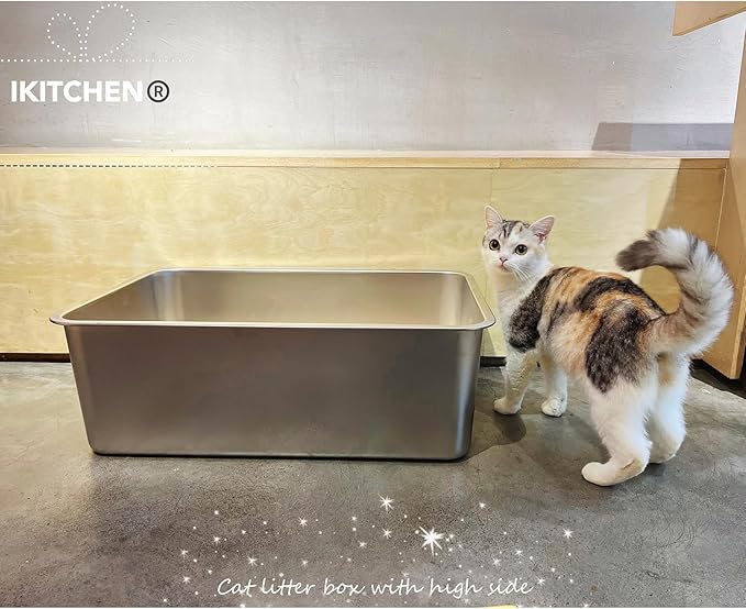 IKITCHEN Stainless Steel Cat Litter Box, Large Metal Litter Box for Cats, Never Absorbs Odors,Stain Free, Rustproof, Non Stick Smooth Surface, Anti-Slip Rubber Bottom, 23.5" L x 15.5" W x 8" H
