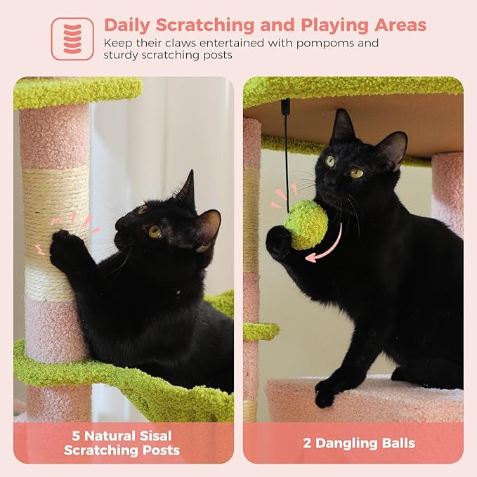 PAWZ Road Tall Cat Tower, 70 Inch Cat Tree with Hammock, 5 Scratching Posts, 2 Condos and a Large Top Perches for Large Cats-Pink