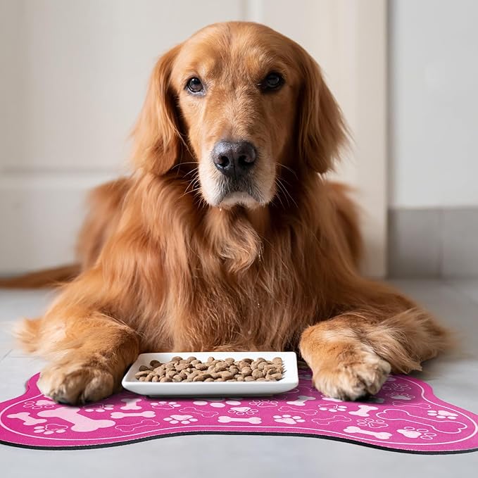 Dog & Cat Food Mat Bone Shaped Pet Feeding Mat Quick Absorb Water Bowl Placemat with Rubber Backing Indoor Floor Stain Resistant Pet Accessory Supplies (Pink Small, 12x18 Inches)
