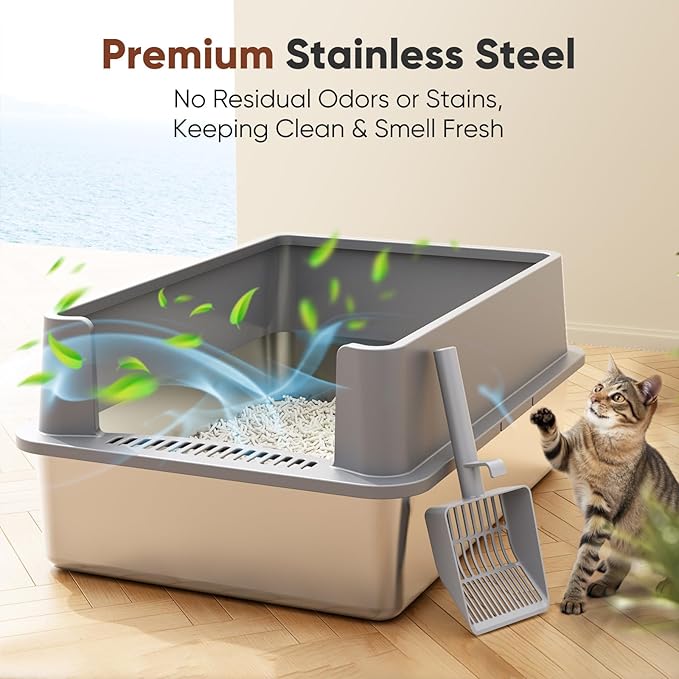 Extra Large Stainless Steel Litter Box with Lid, XXXL XXL Metal Litter Box for Big Cats & Kitty, 28”L x 20”W x 12”H Enclosed Cat Litter Boxes, Never Absorbs Odors, Anti-Urine Leakage, Easy Cleaning