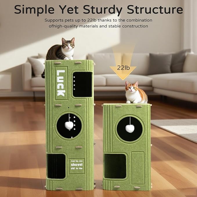 3 Stories Cat Bed for Indoor Cats, Cute and Fashionable Cat House Cave for Multiple Cats, Cozy Felt and Scratch Resistant Cat Condo with Dangling Balls.