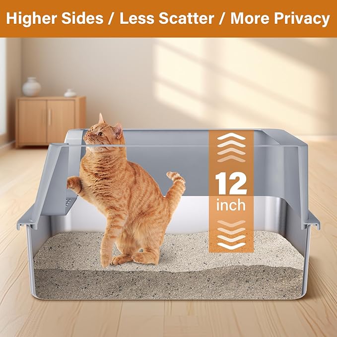 Stainless Steel Litter Box, XL Extra Large High Sided Metal Cat Litter Box with Lid and Scooper, Easy Clean, Non Stick & No Smell-24"x16"x12"