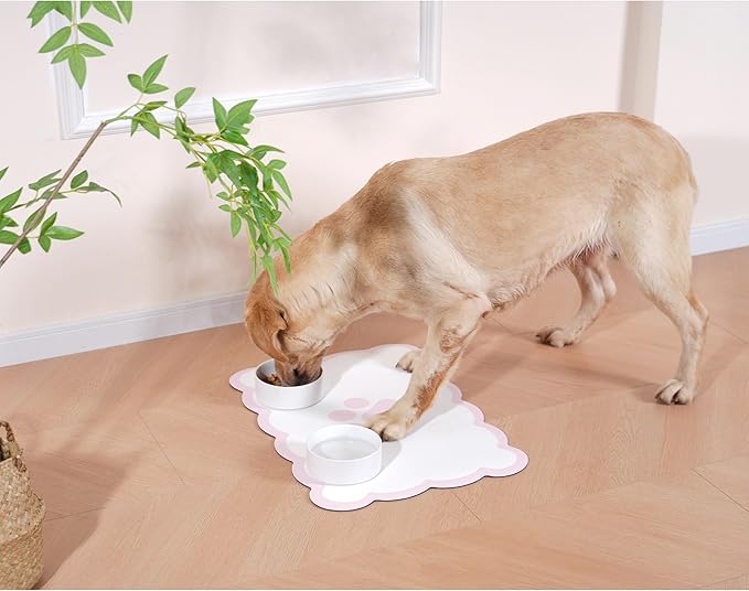 Ralxion Scalloped Dog Feeding Mat, Absorbent Mats for Dog Food and Water Bowl, Dispenser, Cute Elegant Aesthetic Pastel Pink Scallop Pet Placemat for Dogs, Cats, Puppy Accessories, 17" X 24”