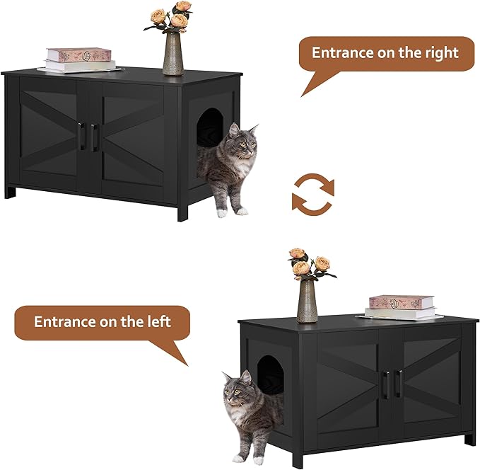 Homhedy Cat Litter Box Enclosure, Wooden Cat Washroom Furniture with Barn Door, Pet House, Fit Most of Litter Box, Black