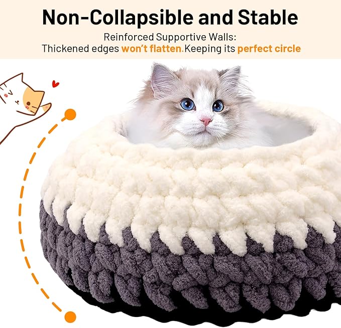 Cat Nest Bed Handwoven Washable Extra Soft Round Cave House Furniture for Indoor Kitten Cloud Black, White&Gray