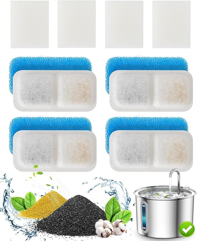 oneisall Cat Water Fountain Filters Replacement, 4 Pack for 67oz/2L Stainless Steel Fountain, Easy to Install and Clean