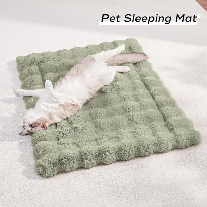 Cat Beds for Indoor Cats Faux Fur Pet Mat Cute Kitten Plush Bed with Non-Slip Bottom for Carriers/Sofa Dog & Puppy Friendly 35 x 27 Inch Green