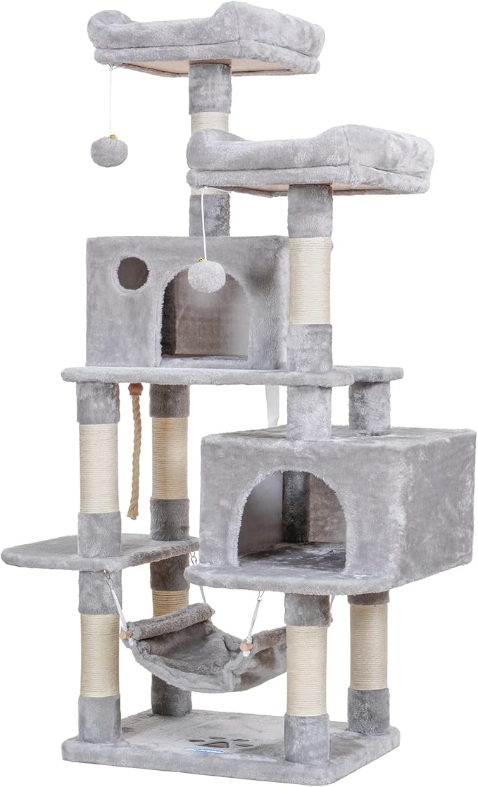 Hey-brother Multi-Level Cat Tree Condo Furniture with Sisal-Covered Scratching Posts, 2 Plush Condos, Perch Hammock for Kittens, Cats and Pets, Light Gray MPJ020-SW