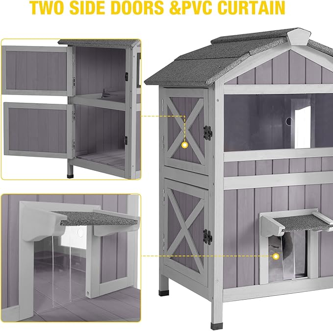 Aivituvin Outdoor Cat House，Two-Story Feral Cat Shelter，Weatherproof Cat Enclosure for Winter with Escape Doors