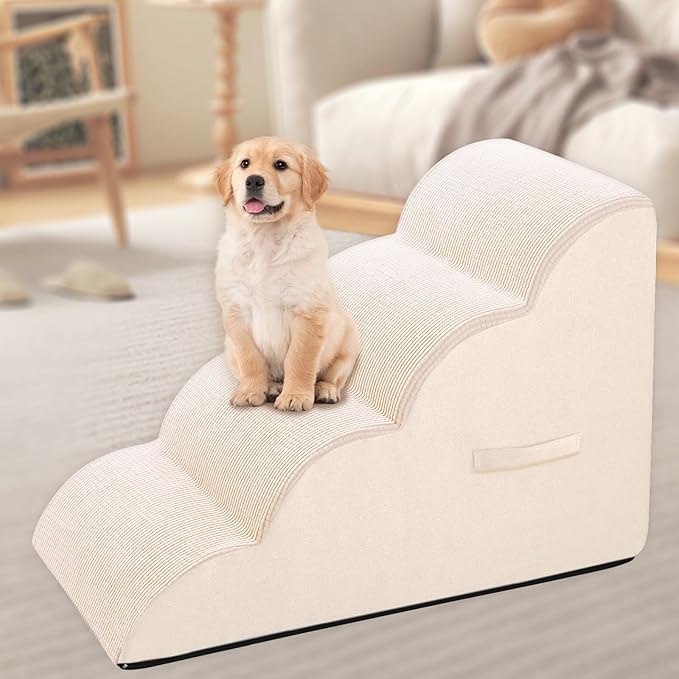 Steps for Small Dog, Dog Stairs for High Beds and Couch, 20" 4-Step High Density Foam Pet Stairs for Dogs Injured, Older Dogs Cats, Pet with Joint Pain (Beige)