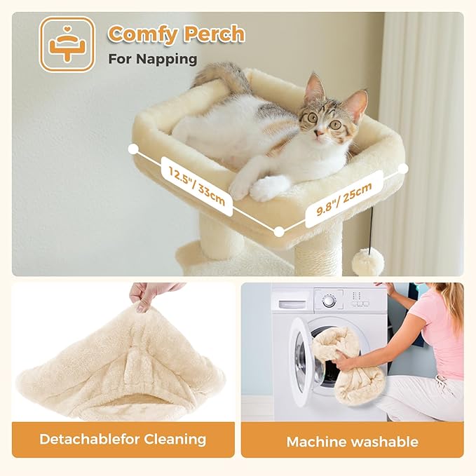 PAWZ Road Cat Tree, 51.6 Inches Cat Tower with Dual Condos, Spacious Perch, Cozy Basket and Sisal-Covered Scratching Posts for Small Cat and Kittens- Beige