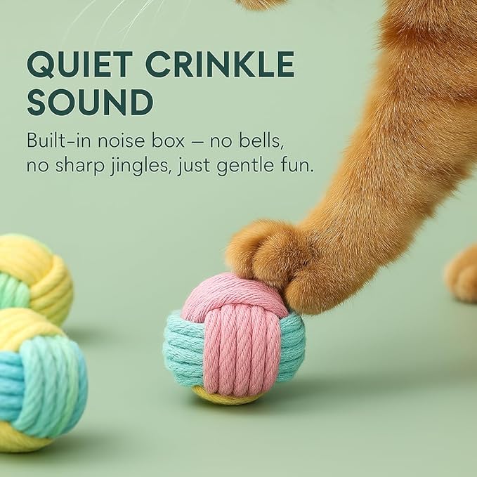 Cat Chew Balls – 6-Pack Rope Cat Toys with Crinkle Sound, Soft and Durable, for Indoor Cats, Kittens, Teeth & Gum Health