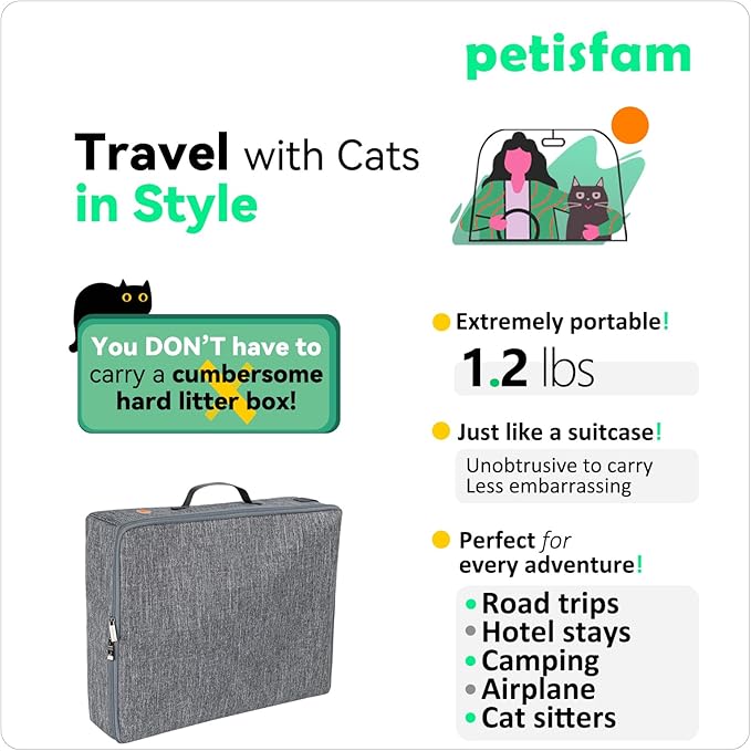 petisfam Portable Cat Travel Litter Box. Easy Use in The Car. No Leakage, Smell and Messes. One-Handed Carrying for Road Trip, Hotel Stays, Car and Airplane
