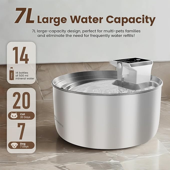 Meill Cat Water Fountain Stainless Steel, 236oz/7L Large Capacity Battery Operated Pet Water Fountain Indoor, Cordless Automatic Cat Water Dispenser for Drinking, Suitable for Large Dogs and Cats