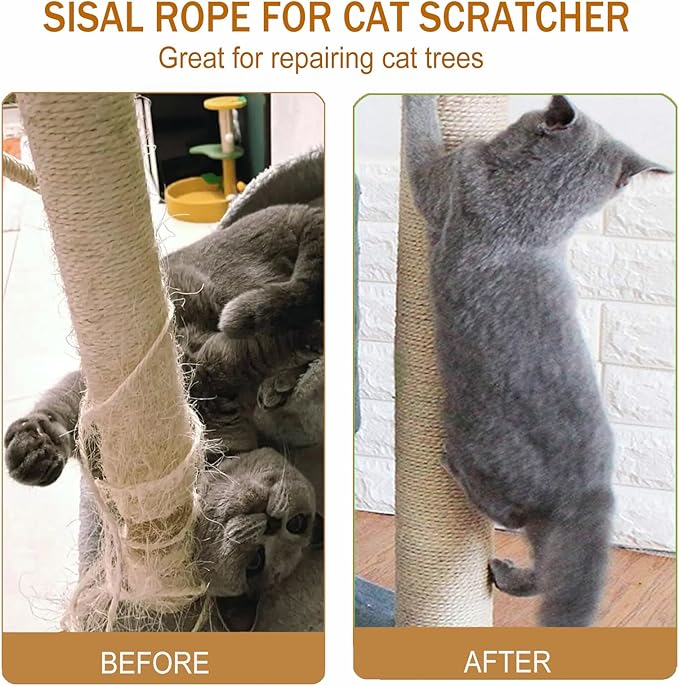 Sisal Rope for Cat Scratcher,Rope for Cat Scratch Post 4mm 328FT Jute Twine for Scratching Post Repairing, Recovering or DIY