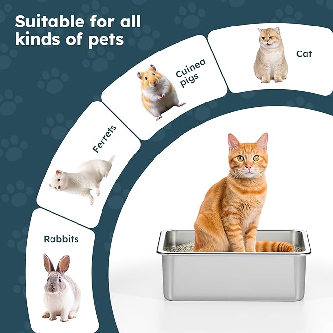 Stainless Steel Cat Litter Box - Metal High-Sided Litter Pan for Cats, Rabbits, and Pets, Non-Stick, Odor-Free, Easy to Clean, Splash-Proof, Sturdy and Durable Indoor Cat Toilet Supplies
