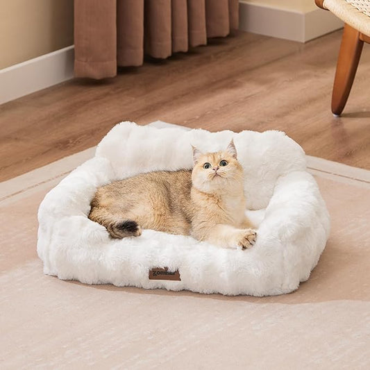 Orthopedic Cat Couch Bed for Indoor Cats, Cute Pet Sofa with Supportive Egg Foam, Fluffy Faux Fur Removable Washable Cover and Non-Slip Bottom, Ivory White
