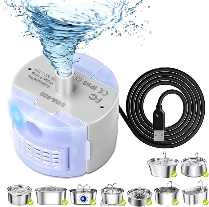 Cat Water Fountain Pump, DR-DC Replacement Pump for Stainless Steel Pet Water Dispenser, Ultra Quiet Pet Fountain Pump, IP68 SMA-800 Submersible Motor for Dog Drinking Fountain
