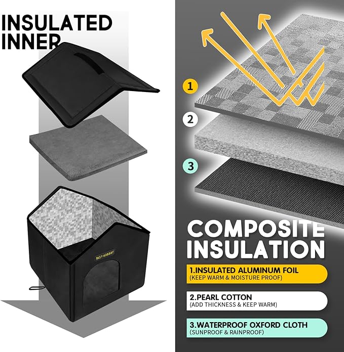 Rest-Eazzzy Cat House for Outdoor Cats, Weatherproof and Insulated Feral Cat House with Mat and Clip, Easy to Put Together, Selfwarming Cat Shelter for Winter, Never Blow Away (Black, House X 2)