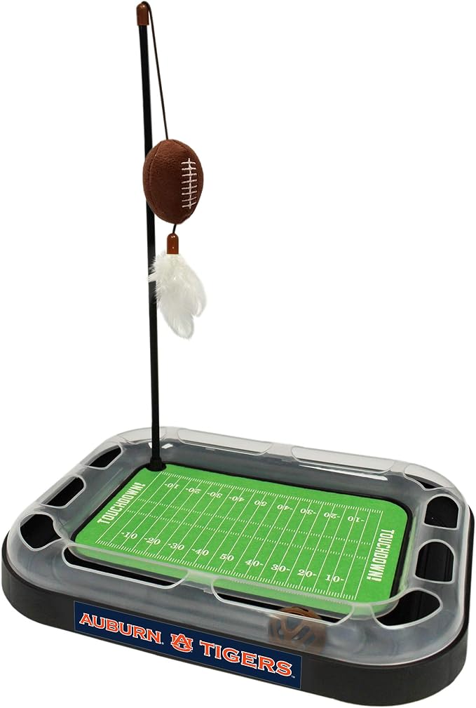 Pets First NCAA Auburn Tigers Reversible Football Field CAT Scratcher Toy with Catnip Filled Plush Football Toy&Feather Cat Toy Hanging with Jingle Bell Interactive Ball Cat Chasing 6-in-1 Kitty Toy