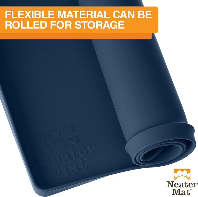 Neater Pet Brands Neater Mat Pet Mats for Food and Water, Cat & Dog Bowl Mat Waterproof Silicone, Feeding Tray, Dog Food Mats for Floors, Placemat w/Raised Edge for Under Bowls, 19” x 12”, Dark Blue