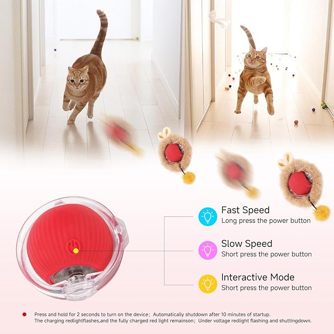 2 in 1 Simulated Hunting Interactive Cat Toy,Self Rolling Ball in Pouch Rechargeable Hide and Seek Toys for Indoor Cats,Red Fast Rolling Ball in Mat,Cat Chasing Mouse Game