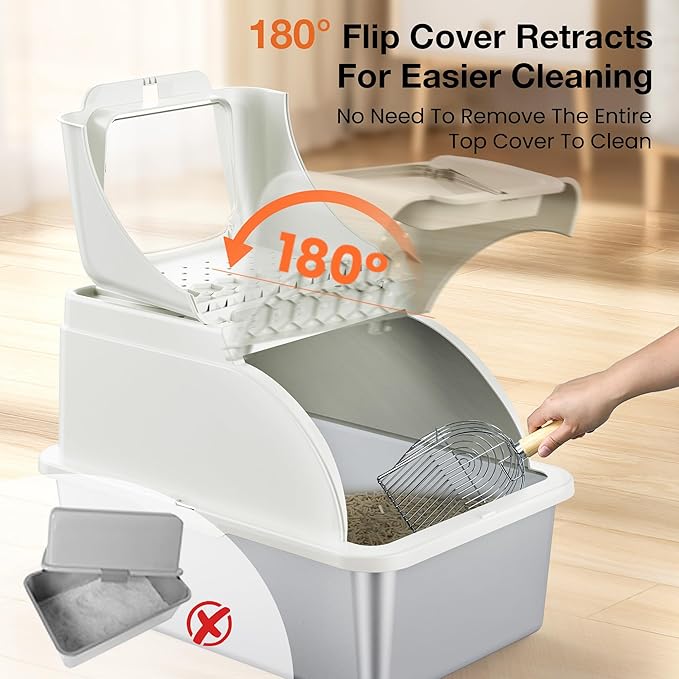 Stainless Steel Litter Box, XXL Large Metal Covered Litter Boxes, Dual Entrance Detachable Cat Litter Box with Lid, 16.6'' High Wall Urine Leak Prevention with Cat Litter Scoop (White)