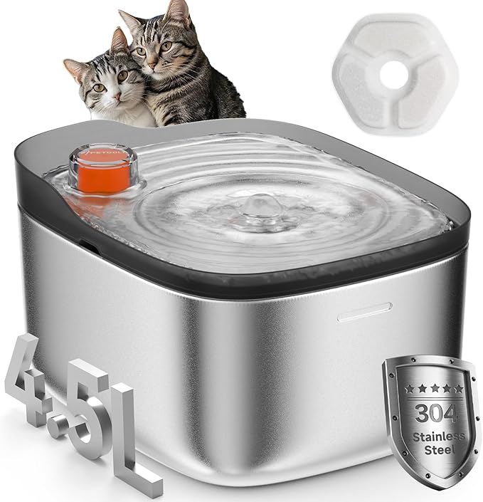 Cat Water Fountain Stainless Steel,4.5L/158oz Wired Cat Water Dispenser,Wired Pet Water Fountains for Cats Indoor,Quiet Dog Water Bowl,Colorful Water Level Float, Gray - FS10