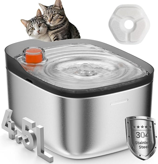 Cat Water Fountain Stainless Steel,4.5L/158oz Wired Cat Water Dispenser,Wired Pet Water Fountains for Cats Indoor,Quiet Dog Water Bowl,Colorful Water Level Float, Gray - FS10