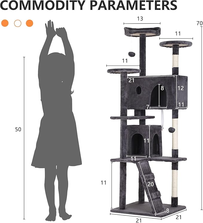 BestPet 70in Cat Tree Tower for Indoor Cats,Multi-Level Cat Furniture Activity Center with Cat Scratching Posts Stand House Cat Condo with Funny Toys for Kittens Pet Play House,Ashy