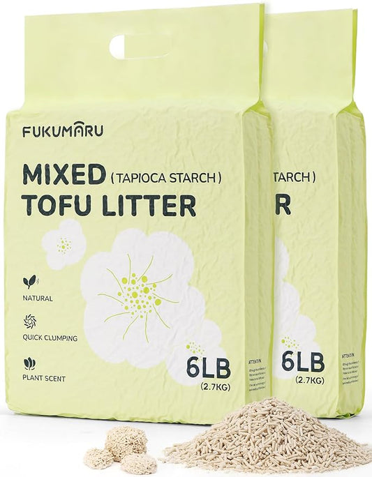 FUKUMARU Tofu Cat Litter, 12lb Fast Clumping & Odor Control, Gardenia Scent, Natural Bean Dregs & Cassava Starch, Dust-Free, Flushable, Low Tracking, Ultra Absorbent, Lightweight, 6lb x 2 Bags
