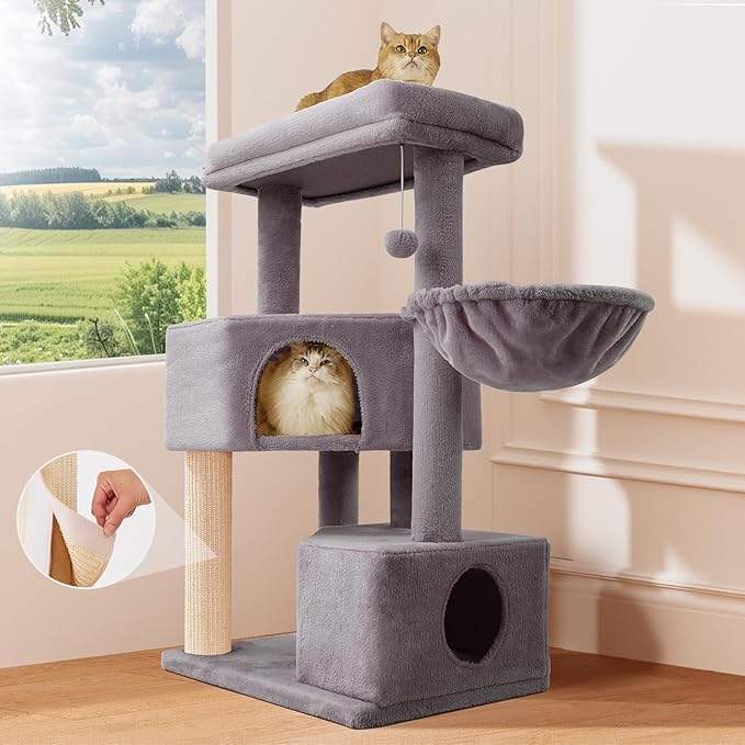 Gardner Pet 41" Tall Cat Tree for Large Cats, Heavy Duty Cat Tower with 3.2in Posts & Washable Top Perches, Space-Saving Cat Furniture with Replaceable Natural Sisal for Apartments, Easy to Assembly