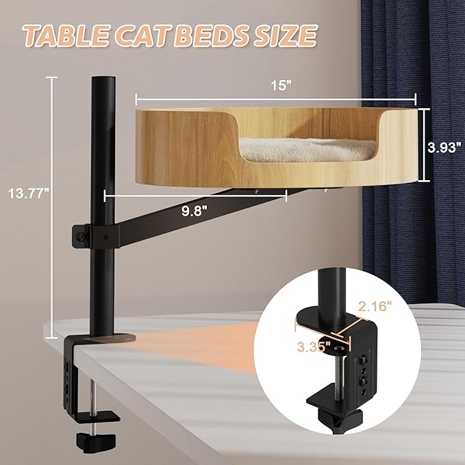 Cat Desk Bed – Cat Bed for Indoor Cats with Adjustable Height&360° Rotation, Elevated Desk Nest Cats Beds for Table, Desktop Cat's Hammock for Small Space, Wooden Cat's Bed Desktop Kitten Furniture