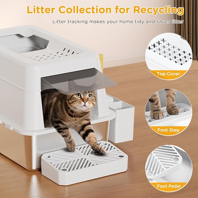 Stainless Steel Litter Box with Lid, XL Closed Metal Litter Box Modular Design with Flip Lid Fits All Cats, Extra Large Covered High Sided Cat Box, Scoop, Non-Sticky, Easy Cleaning, White