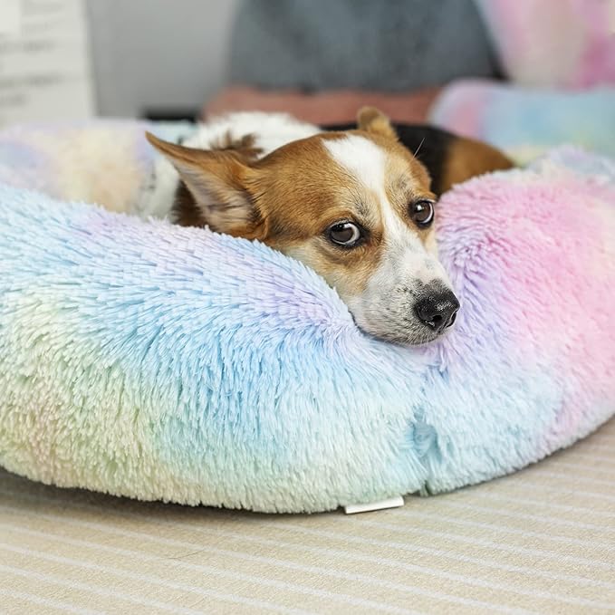 Anti Anxiety Round Fluffy Plush Faux Fur Warm Washable Dog Bed & Cat Bed, Original Bed for Small Medium Large Pets,Used to Relieve Joints and Improve Sleep（20"/24"/27''） (20", Rainbow)