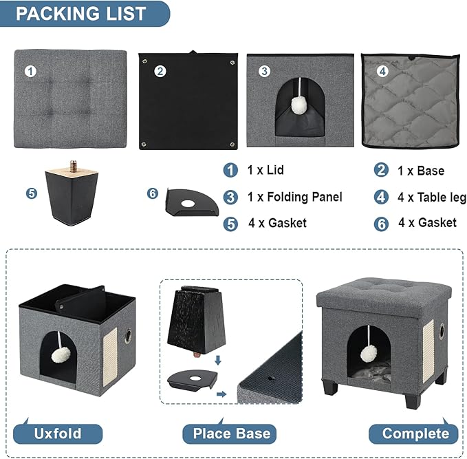 BRIAN & DANY Cat House for Indoor Cats, Cat Cave Bed for Pet, Cat Cube with Cat Scratch Board & Cat Ball, 14.7" x 14.1” x 12.7”, Gray