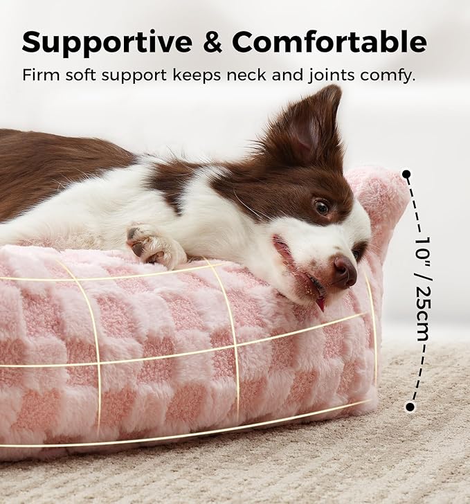 Made4Pets Dog Couch Bed, Soft Faux Fur Checkered Pet Sofa, Comfortable Fluffy Dog Sofa with Supportive Foam, Removable Washable Cover with Non-Slip Base, Pink, Large