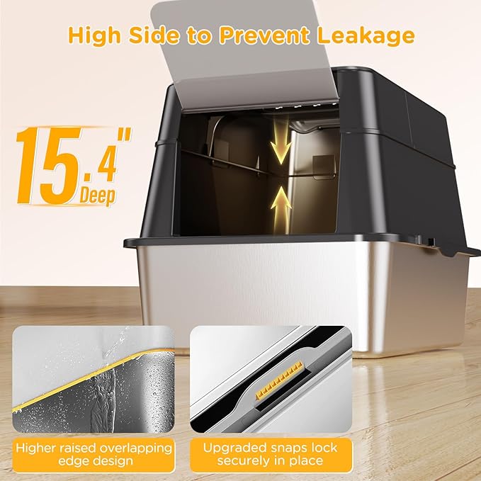 Stainless Steel Litter Box with Lid, XL Closed Metal Litter Box Modular Design with Flip Lid Fits All Cats, Extra Large Covered High Sided Cat Box, Scoop, Non-Sticky, Easy Cleaning, Black